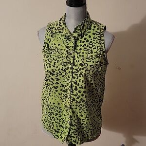 Just One Denim Blend Green & Black Cotton Snap Down Sleeveless Blouse, Size: M